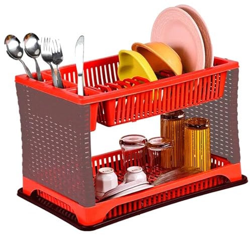 2-Tier Dish Drying Rack – Durable Plastic Utensil Drainer with Tray for Kitchen – Space-Saving Plate and Cup Holder (Red & Grey)