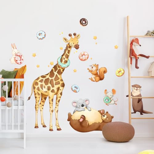 Supzone Wandtattoo Cartoon Tiere Wandaufkleber Giraffe Bär Eichhörnchen Kaninchen Spielen Ringwurfspiel Wandsticker Jungenzimmer Wand Dekor für Kinderzimmer Babyzimmer Schlafzimmer Wanddeko