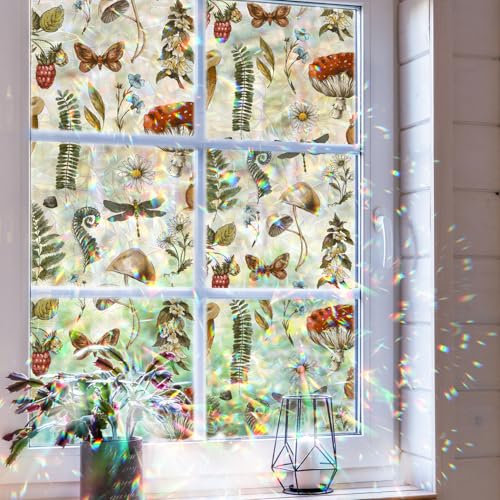 funlife Privacy Rainbow Window Film, Watercolor Static Cling Window Stickers, Non-Adhesive Double-Sided Glass Film, Vintage Daisy and Mushroom 43X100CM