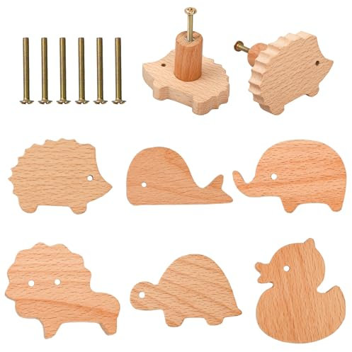 Ehuihuan Lot de 6 boutons de meubles en bois en forme d'animal avec vis - Poignées décoratives en bois - En forme d'animal - Pour enfants - Boutons de tiroir décoratifs naturels