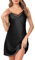 Wikoan Nachthemd Damen Satin Ärmellos Negligee Damen Babydoll Sexy Spitzen V-Ausschnitt Nachtwäsche Nachtkleid Dessous mit Verstellbare Träger Schwarz XL