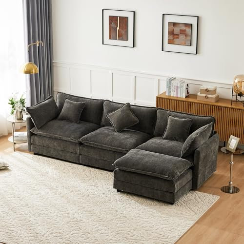 Ymkua Ecksofa Polstermöbel, Sofa mit Fußstütze, L-Form Couch, Eckcouch mit Bett-Funktion, Polstersofa, Dreisitzer-Sofa, Schlafsofa für Wohnzimmer, Chenille-Stoff, 283x147x84 cm (Grau)