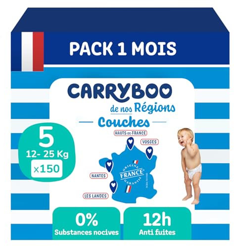 CARRYBOO - Couches Taille 5 (12-25kg) - Saines et Ultra Absorbantes - 12h Anti Fuites - Sans substances indésirables - Fabriquées en France - Prix Accessible- 120 Couches Jetables - Pack 1 Mois