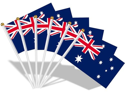AhfuLife Klein Australien Flaggen für Australien Deko, 15 Stück Australia Mini Handgehaltene Flaggen Fahne mit 30cm weißem Pole für WM Anzac Day Australia Day Party Zuhause Garten Bar Dekoration