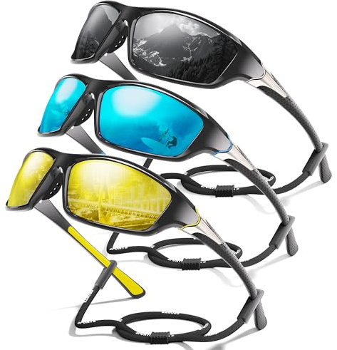 Foliful 3 Pack Polarized Sports Sunglasses for Men, UV400 Protection for Cycling Fishing Driving C04-Grey/Ice Blue/Yellow, 3 Pack