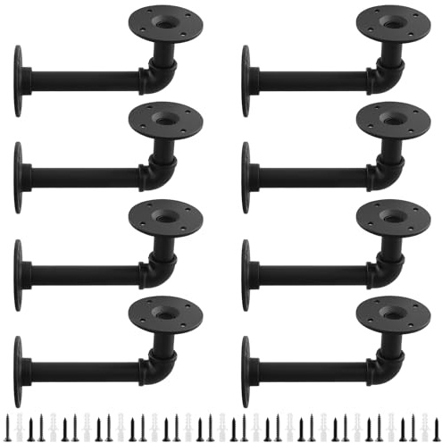 CHIHEUNG 8 PCS Pipe Shelf Brackets, Black Shelf Brackets, Industrial Pipe Bracket with Screws, Wall Mount Floating Shelves for Home DIY Decoration CDs Photo Frame