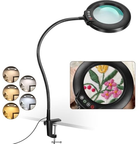 Veemagni 10X Lupe mit Licht und Klemme, 23 Zoll Flexibler Schwanenhals, 5 Farbmodi Stufenlos Dimmbare LED Lupenlampe, Ständer Tischlupe mit Beleuchtung, Hände Frei Lupenleuchte für Lesen Malen Hobby
