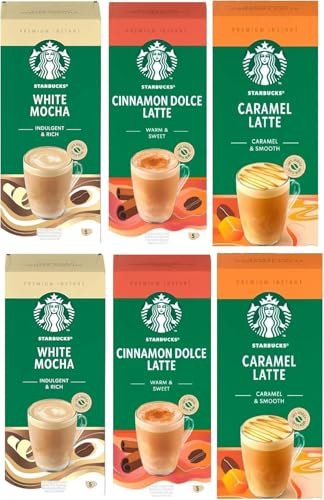 Starbucks Premium Instant Coffee Variety Pack – Includes White Mocha, Caramel Latte & Cinnamon Dolce (Pack of 6, Each Pack 5 Sachets, Total 30 Sachets)
