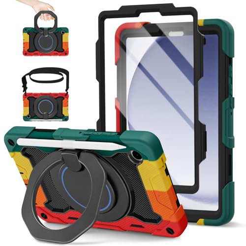 ROISKIN For Samsung Galaxy Tab A9 Case 8.7 inch 2023: Heavy Duty Shockproof with Screen Protector & Rotating Stand & Shoulder Strap & Pencil Holder for Samsung A9 Tablet Case,Black-Red