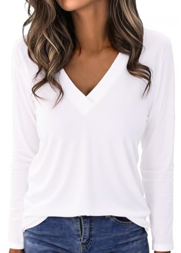 Aottori T-Shirt à Manches Longues Femme Col V Chic élégant Lâche Haut Décontracté Tee Shirt Tunique Basic Top Tshirt Pull Blanc XXL