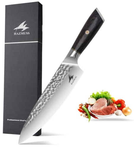 HAZMUSS Cuchillo de Chef Profesional Martillado, Hoja de Acero Inoxidable de Alto Carbono de 20,5 cm, Cuchillo de Cocina Afilado Esencial Para Uso Doméstico, Mango Ergonómico