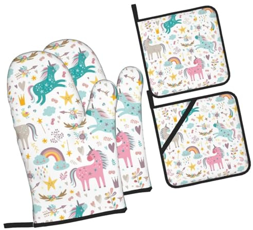 Ofenhandschuhe und Topflappen mit Einhörner-Aufdruck, Grillhandschuhe, Ofenhandschuhe und Topflappen zum Kochen, Backen