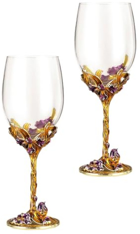 MOLUCKFU Lot de 2 Gobelets Émaillés Décoratifs Dorés à Motif Iris Verres à Vin en Verre Cristal à Pied Haut pour Mariage et Fête