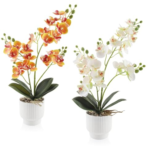 LEIMEND 2 Pezzi Orchidea Finta Realistica Orchidee Finte Giallo e Bianco | Realistiche Orchidee Artificiali Fiori Artificiali Per Tavoli da Interno Scrivanie e Decorazioni Nuziali