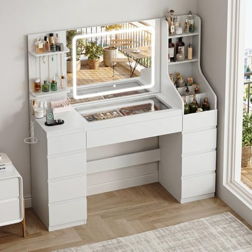 TRIUMPHKEY Schminktisch mit Spiegel und Beleuchtung, 135 cm Schminktisch Groß mit Steckdose, USB, Schubladen & Glasplatte – Weißer Vanity Tisch als Frisiertisch/Dressing Table für Schlafzimmer