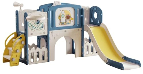 Aveainelle Toboggan Exterieur/Interieur Enfant et Centre d'jeux pour Tout-Petits, Toboggans de Jardin pour Enfants avec Panier de Basket et Rangement, Toboggan Grimpeur pour Bébé de 1 À 3 Ans