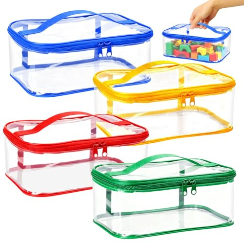 4 Pcs Toy Organiser Bags, PVC Clear Toy Storage Bags with Zipper and Handles, Waterproof Reusable Toys Storage Bags, StorageBags for Toys, Puzzles, Building Blocks, Board Game