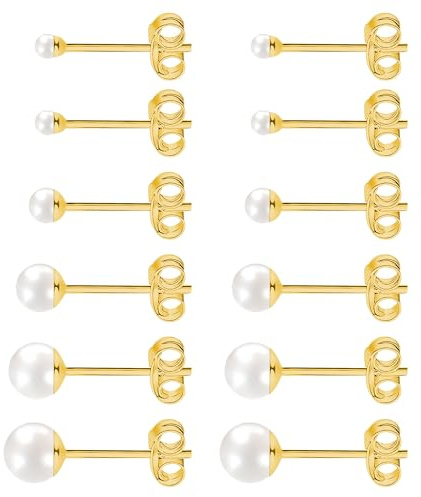 FACOKO Set med 6 par pärlörhängen i 925 silver vita pärlörhängen, allergivänliga smycken för kvinnor, mångsidiga för vardagen (guld)