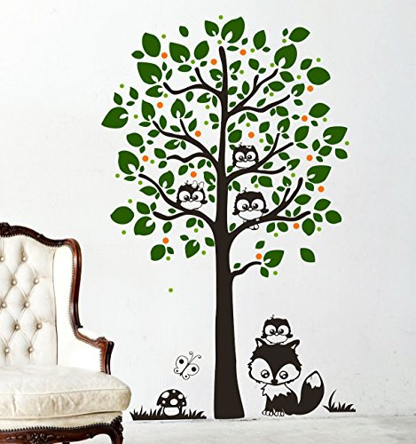 Wandtattoo Baum mit Eulen Eulenbaum Eule M1346 - ausgewählte Farbe: *Schoko/Dunkelgrün/Maigrün/Lila* ausgewählte Größe:*XL_180cmx120cm