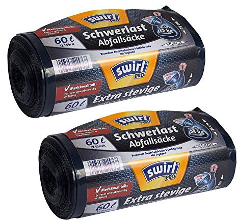 Swirl Profi Schwerlast-Abfallsäcke mit Zugband, 60 Liter, Reißfest, 2 Rollen mit je 12 Säcken