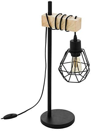 EGLO Tischleuchte Townshend 5, 1 flammige Vintage Tischlampe im Industrial Design, Retro Lampe, Nachttischlampe aus Stahl, Holz, Farbe: Schwarz, braun, Fassung: E27, inkl. Schalter