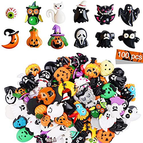 100 Stück sortierte Halloween Craft Resin Ornamente, Kalolary Resin Flatback Halloween Craft Verschönerung Zauberer Kürbis Geist Eule Spinnenschädel Augapfel Schloss Harz Charms zum Basteln