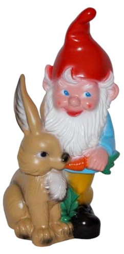 OMÜ Otto Müller Gartenzwerg mit Hase Figur Zwerg H 35 cm Dekofigur Deko Gartenfigur aus Kunststoff