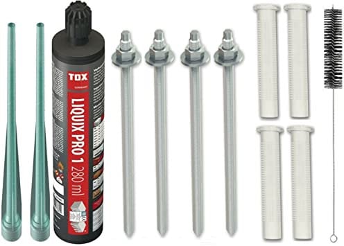Schwerlastbefestigung SET M16x190mm VERZINKTER STAHL 5.8 - TOX Verbundmörtel Liquix Pro 1 + 4 Gewindestangen + 4 Siebhülsen 20x85mm + Zylinderbürste/Klebeanker Ankerstangen