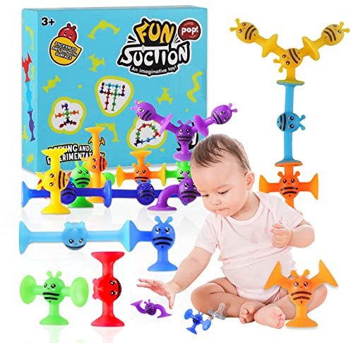 19 Pcs Suction Toys Kids Bath Toys Slicone Sucker Toys for Kids Sensory Toys for 3 4 5 6 7 Year Old Boys Girls,Toddler Montessori toys,Window Toys Building Toys for Stress Release and Travel
