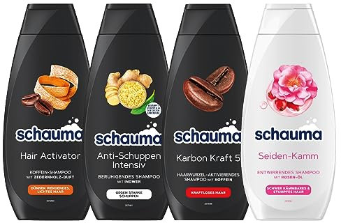 Schauma Koffein-Shampoo Karbon Kraft 5(1x400 ml) &Schauma Entwirrendes Shampoo, Rosen-Öl, 1x400 ml & Schauma Koffein-Shampoo Hair Activator (1x400 ml) & Schauma Anti-Schuppen Shampoo Intensiv 1x400 m