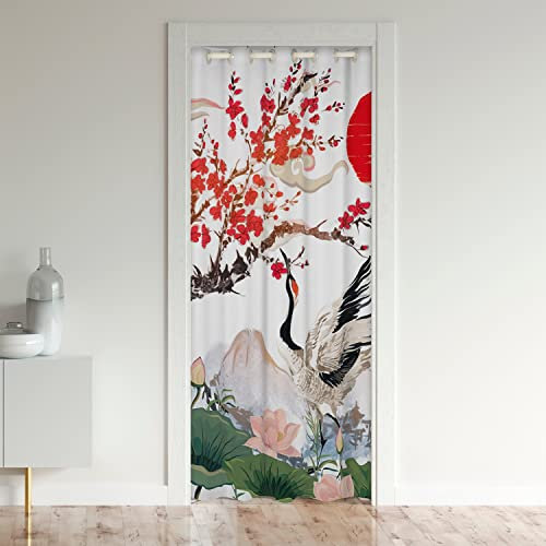 Homemissing La Grue Rideau Occultant Rideaux Fille Cerises Blooming Fuji Montagne Sun Rideau de Porte 86x203cm Lotus Floral Style Chinois Aquarelle Décor Rideaux Exterieur d'entrée
