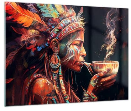 Bilder auf Glas Schamane Indisch Ayahuasca Glasbild 70x50cm Wandbilder Dekoration Wohnzimmer Schlafzimmer Küche Deko Klein Wanddeko Bild im Glas Wand Kunstdruck Art Modern Wall Decor GAA70x50-5744