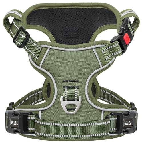 HEELE Hundegeschirr, Brustgeschirre für Hunde, Laufgeschirre Hund mit abschließbarem Schnappverschluss, einstellbare reflektierende Hundegeschirre, Offen am Hals, Anti Zug Dog Harness, Grün, M