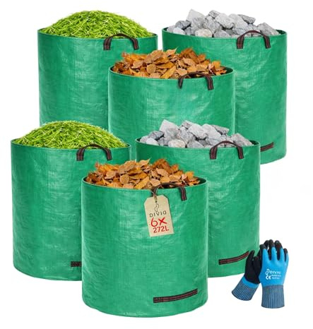 DIVID® Gartensäcke mit Handschuhen & Trageschlaufen |Gartensack 6x 272L Set Laubsack Gartenabfallsack - Selbststehend 4 Griffe Stabil Robust & Faltbar - Rasenschnitt für Gartenabfälle Grünschnitt