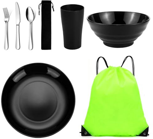 Jeinbuil Camping Besteck Set Camping Geschirr Set wiederverwendbarer Leichter Becher, Schalen, Teller und Edelstahlbesteck mit Tasche für Camping, Wandern und Picknicks spülmaschinenfest