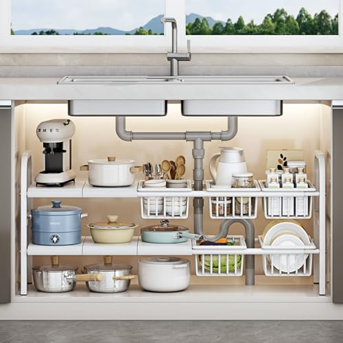 Under Sink Storage Kitchen Organiser,2 Tier Extendable Under Sink Shelf Organiser,With 5 Removable Panels And 5 Storage Basket,Stainless Steel Pipes - White