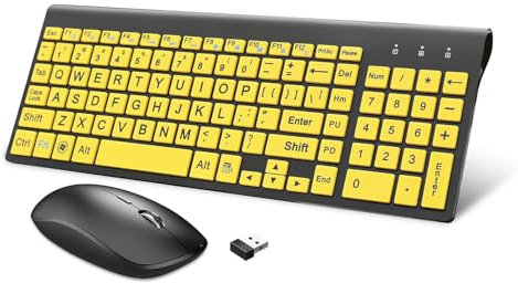 Zienstar-Set Tastiera e Mouse Wireless con Lettere Grandi (Italiana-Layout)| Silenzioso | per Anziani e Persone con Problemi di Vista e Ipovedenti-Giallo