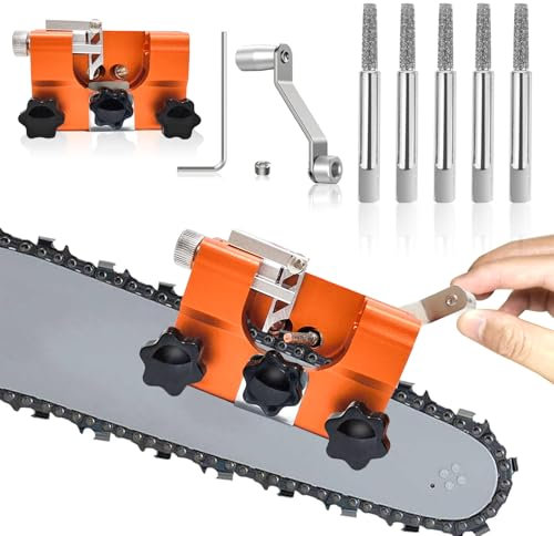 Kettensäge Schärfgerät, Tragbar Handkurbeln Kettensägenschärfer Kit mit 5 Schärfköpfen, für Lumberjack, DIY craftsman, Gardener, geeignet für 6 -22 Kettensägen (Orange)
