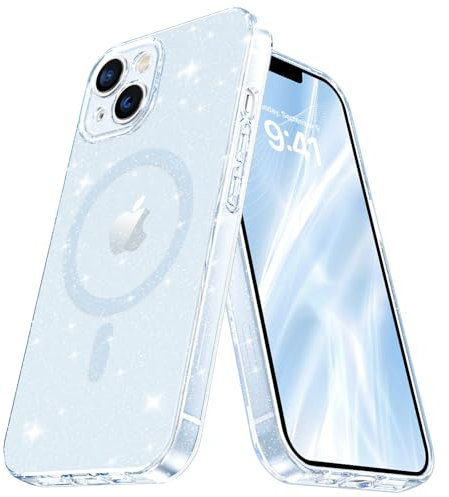 BENTOBEN Cover Magnetica per iPhone 13, Compatibile con MagSafe, Custodia Protezione Antiurto di Livello Militare, Sottile e Leggero, Anti Impronte Digitali, Trasparente Con Glitter