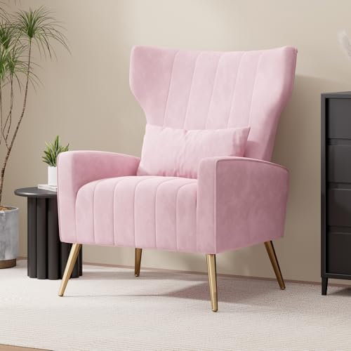 Hawthyhome Relaxsessel Fernsehsessel Ohrensessel mit Kopfkissen und Gold Metallfüßen Einzelsofa aus Samt bis 130kg Schlafzimmer/Wohnzimmer/Lounge Pink