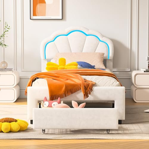 Kinderbett Polsterbett,Polsterbett 90x200 cm für Kinder Gepolstertes Bett für Kinder Prinzessinnen-Betten mit LED Einzelbett mit Kopfteil und Lattenrost Jugendbett für Mädchen mit Schublade