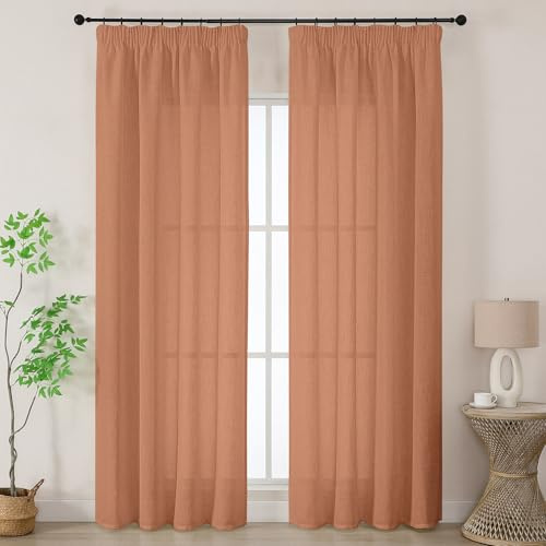 Joydeco Leinen Gardinen mit Kräuselband Terrakotta Vorhänge Wohnzimmer Modern Boho Leinenoptik Gardine Halbtransparent Vorhang für Schienensystem Curtains Bedroom 2er Set H 245 x B 140 cm