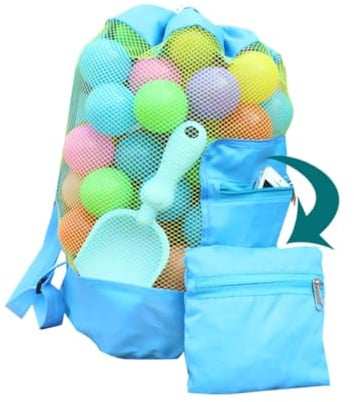 FUNOMOCYA Netzstrandtasche für Junge Mädchen Faltbare Aufbewahrungsbeutel Mesh-beachbag mit Kordelzug Sandspielzeugtasche zum Schwimmen für Strand und Pool Blau