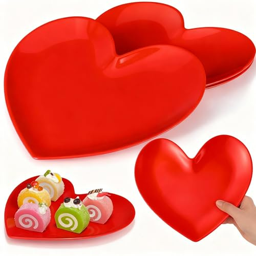 Nuogo 2 Pcs 11 Heart Shaped Plates Large Valentine's Plates Unbreakable Ceramic-like Heart Dessert Dinner Charger Salad Serving Charger for Valentine's Party Anniversary Dating Wedding (Red)