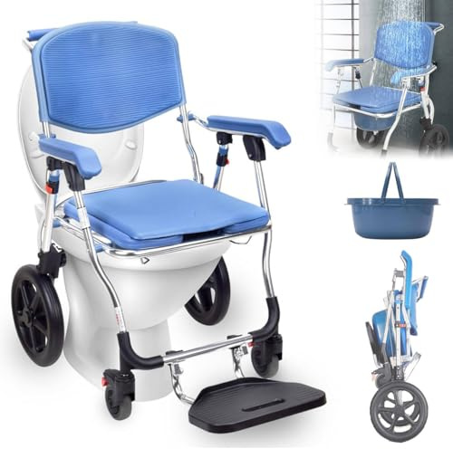 Toilettenstuhl Für Senioren, Multifunktionaler Duschstuhl Mit Rollen, Toilettenstuhl Klappbar Mit Urineimer, Toilettenstühle Für Ältere Und Behinderte, Tragfähigkeit 150kg (Blue 94x50x92cm)