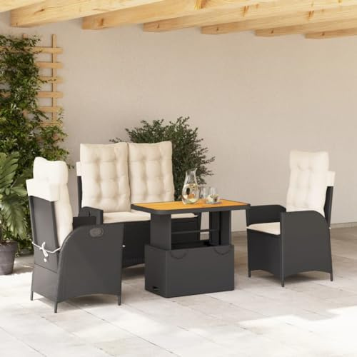 GeenYuu 4-TLG Garten-Essgruppe mit Kissen Schwarz Poly Rattan wetterfestes Gartenmöbel Set ausziehbar Lounge Sitzgruppe für Balkon Terrasse mit Tisch Bank Stuhl Sessel Polster