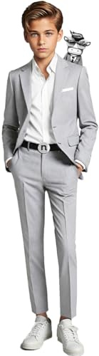 Black n Bianco Signature Boys' Slim Fit Suit Complete Outfit (4, Light Gray)