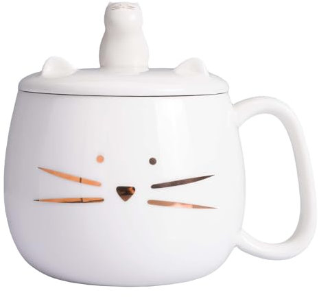 Koolkatkoo Einzigartige Katzen-Kaffeetasse mit Deckel für Katzenliebhaber, niedliche Keramik-Teetassen mit Halter für Handy, Porzellan-Tasse, haben Sie das goldene Kätzchen, Geschenk für Frauen, Weiß