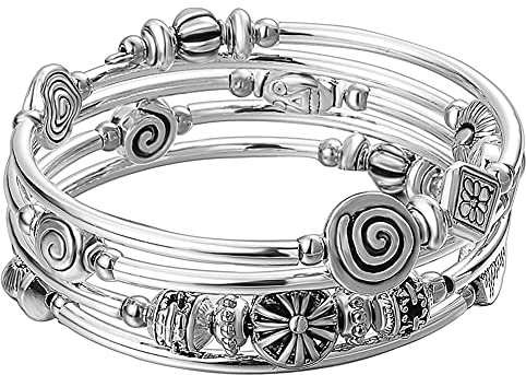 Beaded Pearl Bangle Wrap Bracelet - Fashion Bohemian Jewelry Multilayer Charm Bracelet with Thick Silver Metal Beads, Gift For Women(Metal)