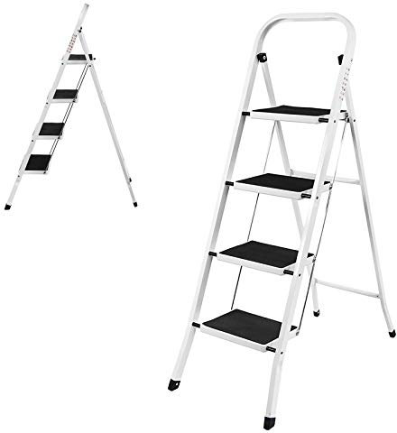 Escalera de 4 peldaños de acero, resistente, plegable, resistente, compacta, fácil de almacenar, taburete para el hogar, cocina, jardín, oficina, capacidad de 330 libras